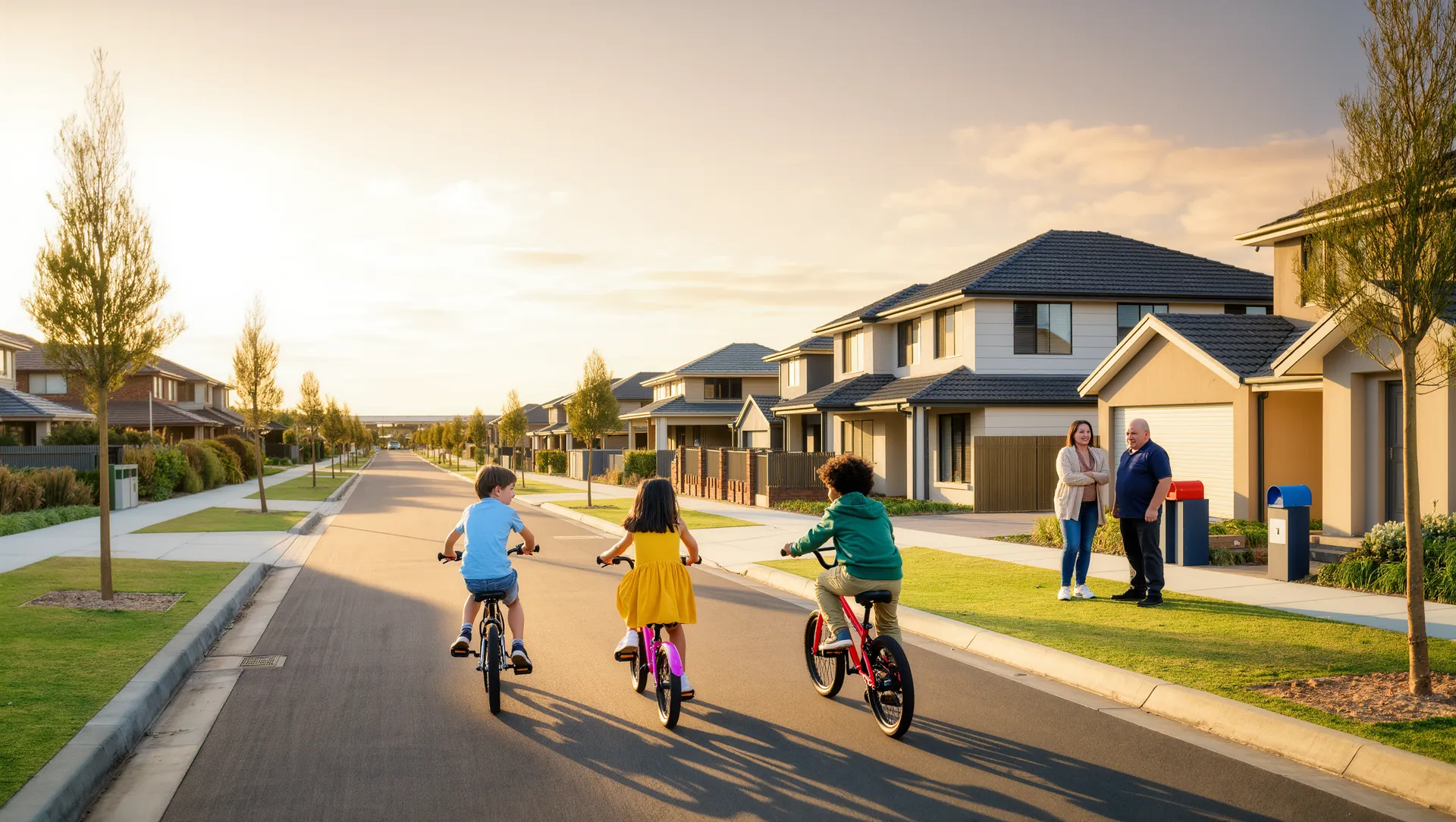 Golden-hour street view of a new Kororoit home